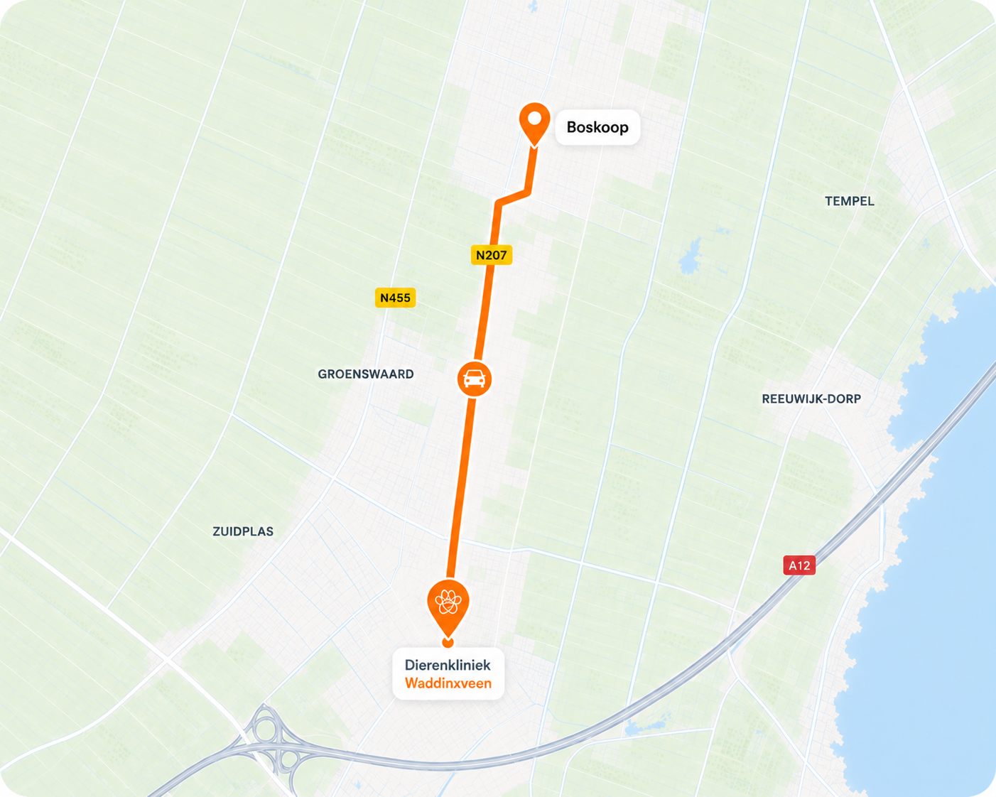 Route van Boskoop naar Dierenkliniek Waddinxveen — 5 km, 6 minuten rijden via de N207
